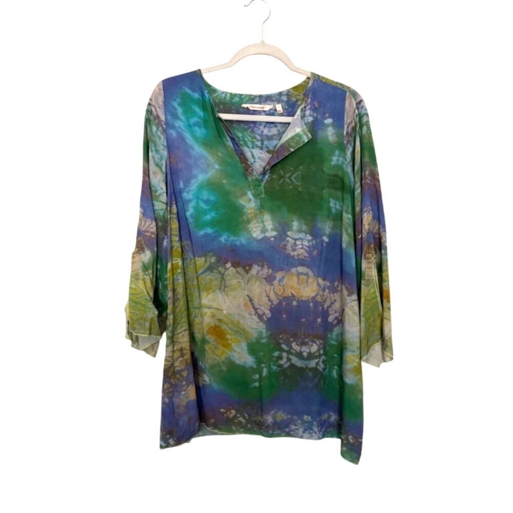 Soft Surroundings Watercolor Tunic M Blue Green Boho Fairycore Batik